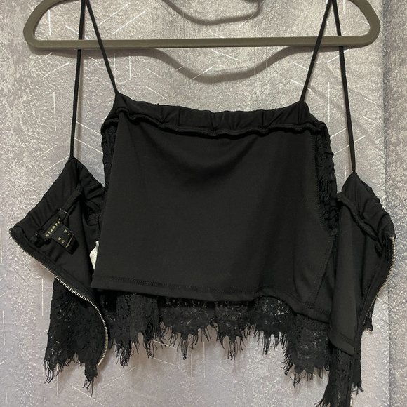 REVAMPED Black Lace Off-the-Shoulder Crop Top w Straps, Semi Sheer - Sz Medium - Picture 2 of 7